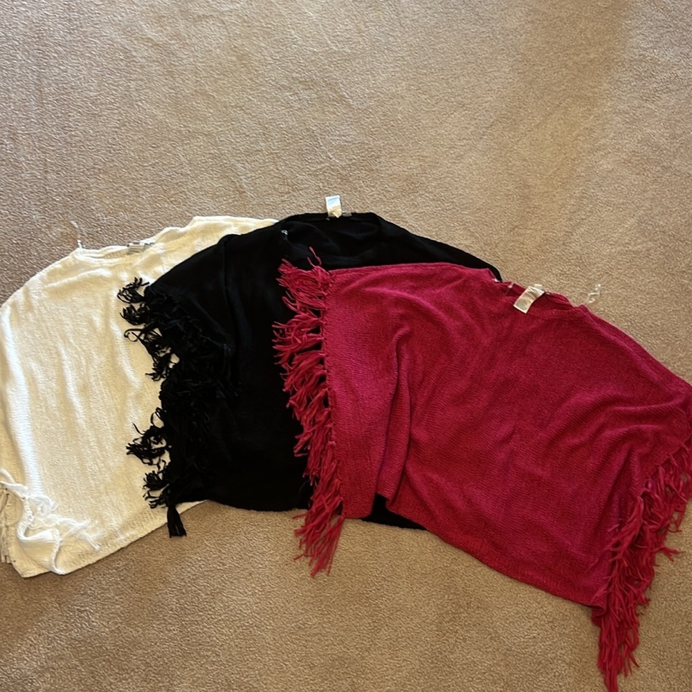 Bundle- Set of 3 (pink, cream, & black) Chicos fringe ponchos- NWOT L/XL